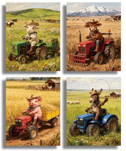 Rustic Farmhouse Animal Tractor Wall Art,Rustic Farm Highland Cow,Sheep,Pig,Donkey Canvas Wall Art,Tractor Nursery Farm Vehicles Poster for Baby Kids Room Decor Home Decor Set of 4(8"x10"Unframed