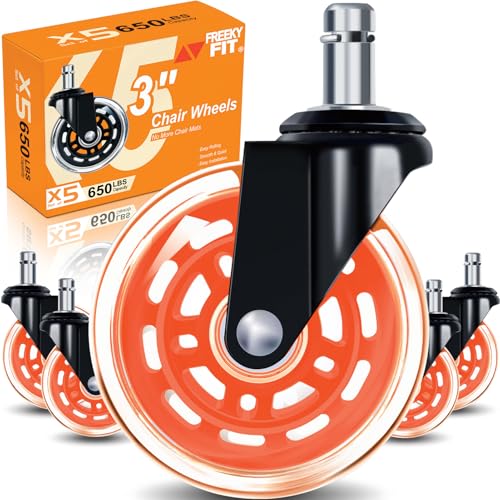 Image of Office Chair Wheels for Casters Replacement - 3 inch Rubber Wheels for Computer Gaming Desk Caster Smooth & Safe Rolling for All Floors Including Hardwood and Carpet - Set of 5 - Orange