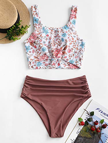 Zaful Women's Knotted Front Tankini Set High Waisted Bikini Scoop Neck Two Pieces Swimsuit (Plant Print-Chestnut, L) #TOP1