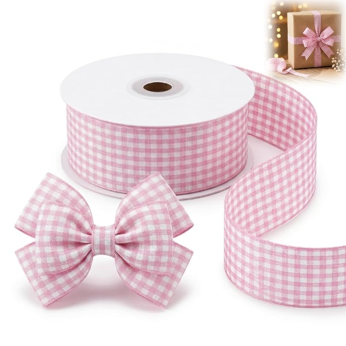 Pink Gingham Ribbon 2.5cm x 22m – Pink and White Buffalo Plaid Check Ribbon for Gift Wrapping, DIY Crafts, Hair Accessories, Home Decor