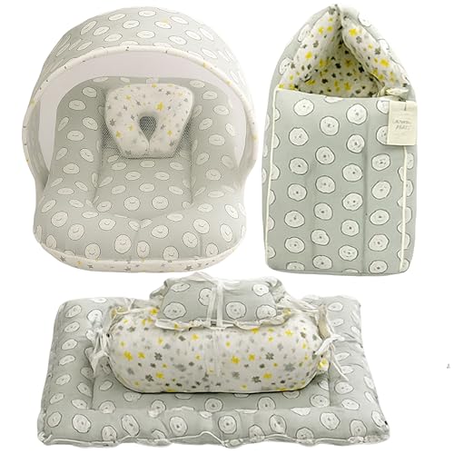 Image of Fareto Combo of Baby Bed with Net | Carry Bag | 4 Pcs Bedding Set (0-6 Months, Baby Size, Cotton) (Ship Grey)