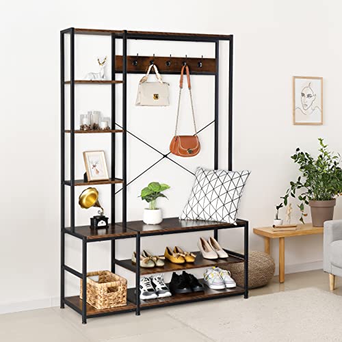 Karl Home 4-In-1 Hall Tree With Storage Bench, 71.5" H Entryway Shelf With Coat Rack Freestanding Clothes Shoe Stand, Retro Clothing Shelves With 5 Hooks For Bedroom Mudroom Entry Way #TOP5