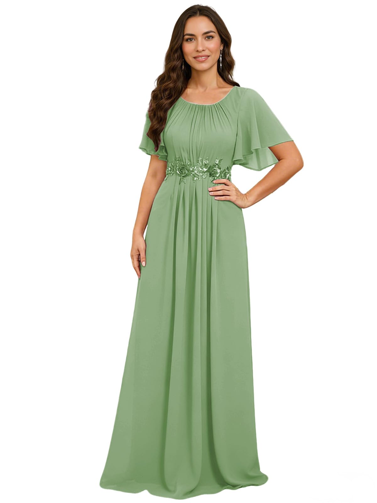 Mother of The Bride Dresses Chiffon Crew Neck Applique Waist Flutter Sleeves Long Maxi Wedding Guest Dress Evening Party Gown