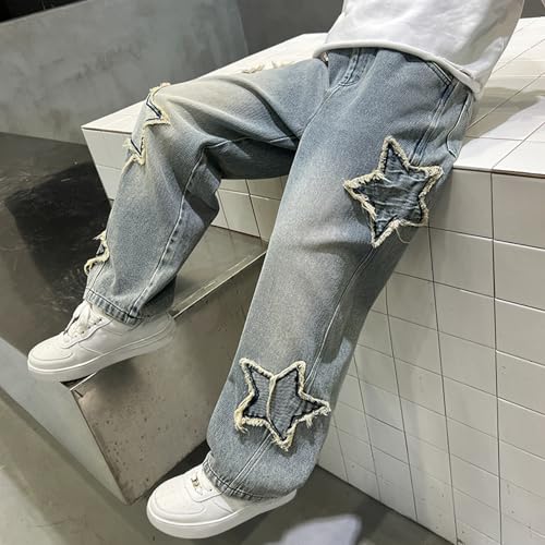 Boy's Cute Star Baggy Denim Pants Elastic Waist Pull On Jeans Straight Wide Leg Jean Pants with Pockets for Teen2