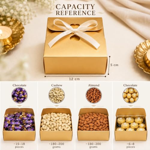 Image of SATYAM KRAFT 12 Pcs Multipurpose Decorative Paper Folding Storage Box with Ribbon for Wedding Gifts, Return Gifts, Birthday, Perfect for Packing Chocolates, Dry Fruits & Wedding Favors.(Golden)