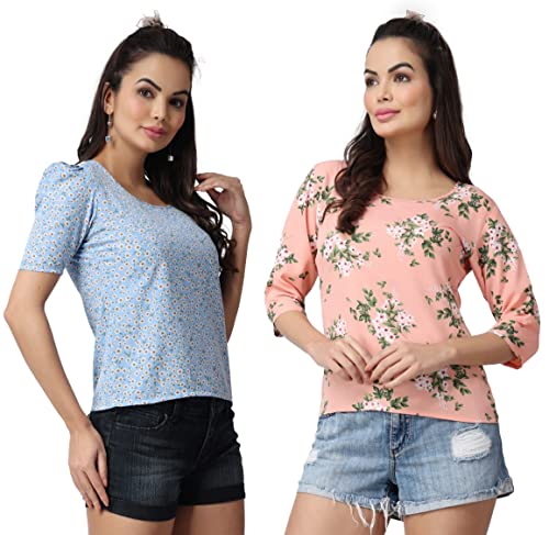 Image of POPWINGS Casual Floral Printed Round-Neck Puff-Sleeves Tops Combo for Women