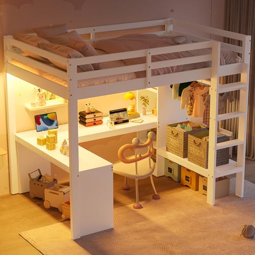 Yihomfy Lit Mezzanine 140x200 cm, Lit Superposé Enfant avec Etagères Multifonctions, Bureau sous Le Lit, Eclairage LED et Port USB, Lit Hauteur Enfant, sans...