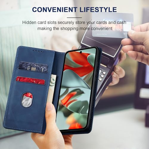 Image of Jasonyu Flip Wallet Case for Google Pixel 9 Pro XL,Leather Magnetic Folio Cover with Card Holder,Kickstand - TPU Shockproof Durable Protective Phone Case,Blue