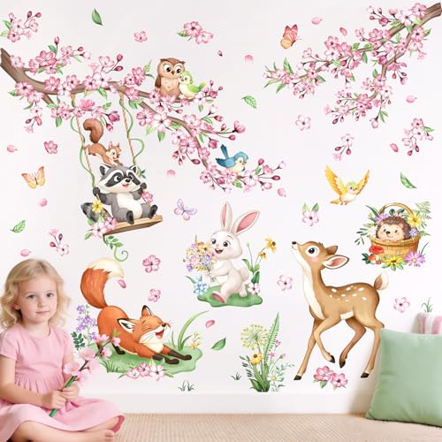 Tanlaby Stickers Muraux Fleurs Cerisier Rose Autocollant Mural Animaux des Bois Floral Branche Arbre Décoration Murale Bébé Fille Chambre Enfants Pépinière