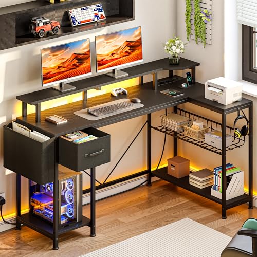Table de jeu LED en L YITAHOME bureau d angle informatique avec tiroirs noir