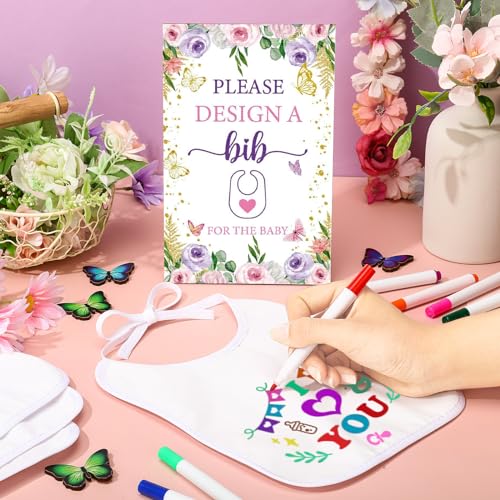 50 Pcs Baby Shower Game White Bibs Supply Includes 1 Wooden Baby Shower Game Sign 25 DIY Blank White Bibs Feeder 24 Fabric Markers(Butterfly)3