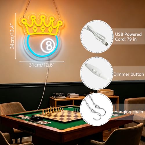 Image of Crown Black Eight Billiards Neon Signs for Wall Decor Led Lights Suitable for Bedroom Man Cave Bar Pub Restaurant Christmas Gift Art