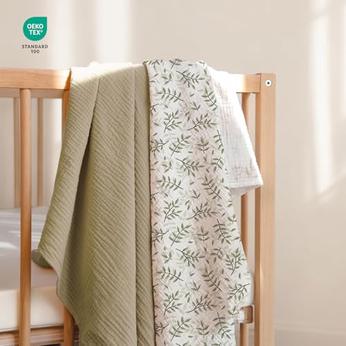 Image of lulumoon Muslin Swaddle Blankets for Baby: Cotton & Soft Receiving Blanket for Newborn with Leaves Printed- Neutral Gift for Baby Shower 2pack(Olive Leaf)