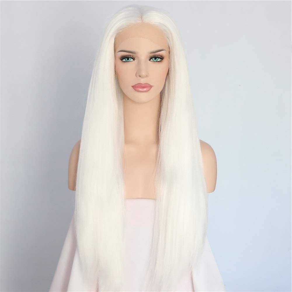 Perruque Lace Front blanche 26 pouces cheveux longs lisses à frange oblique pour femme