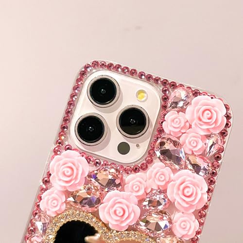 Changjia for iPhone 16 Pro Glitter Bling Case, Cute 3D Sparkle Heart Makeup Mirror Crystal Rhinestones Flowers Diamond Gems Pearl with Lanyard Wrist Strap Women Girls Case for iPhone 16 Pro 6.3", Pink by Changjia - Used condition - Image 8