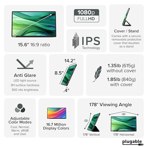 Image of Plugable 15.6 inch USB-C Portable Monitor with 100W Pass-Through Charging | 2X USB-C 10Gbps Hub | FHD 1920x1080 IPS Display for Mac, Windows, iPad, Smartphone | 1.85lbs, Travel Cover /Stand Included