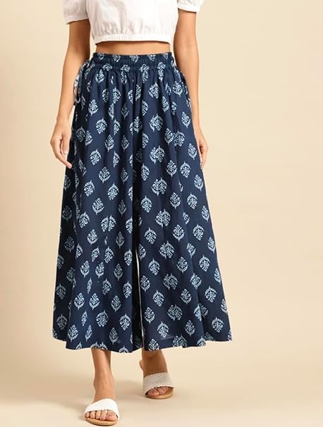 Image of Women Navy Blue & White Printed Flared Palazzo Pants
