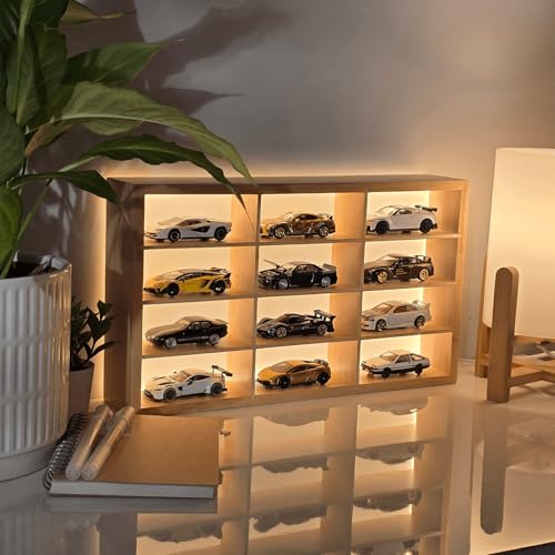 Image of Wooden LED Display for Cars - Diecast Toy Car Stand, Lighting Display Rack for Kids Toys, Living Room, Balcony, Office Decor - Yellow (Without Toys) - Wooden Display for Diecast Cars (Pack of 2)