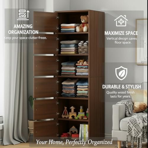 Image of EXVITO Engineered Wood Wardrobe for Bedroom | Foldable 6-Shelf Wooden Storage Cabinet | Cupboard Almirah for Clothes | Collapsible Wardrobe | Space Saving Wooden Cabinet - WALLNUT