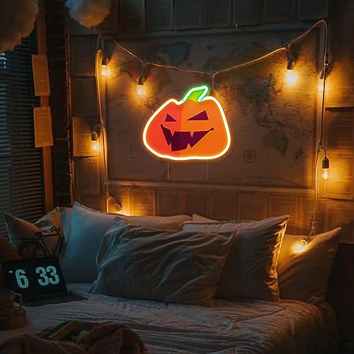 Image of Thanksgiving Pumpkin Neon Signs, Fall Pumpkin Neon Light Sign for Bedroom Wall Decor, USB Powered Light up Sign with Base, Pumpkin LED Signs Room Decor Aesthetic for Thanksgiving Decoration Gift