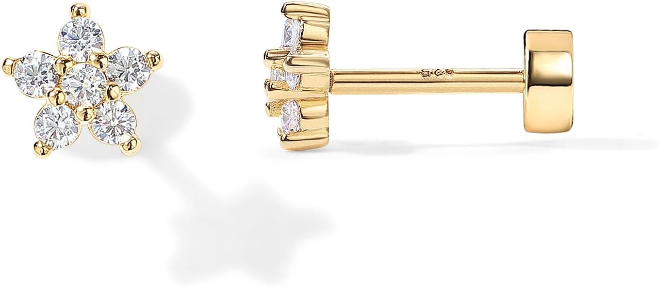 PAVOI 14K Gold Plated Solid 925 Sterling Silver Post Flat Back Stud Earrings for Women | Cartilage Helix Piercing | Cubic Zirconia Earrings