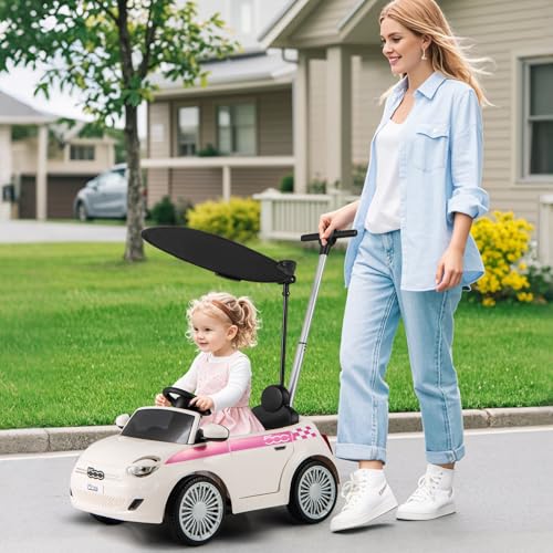 Image of OLAKIDS Push Car for Toddlers, 3 in 1 Licensed Fiat 500e Baby Sliding Walking with Parent Control Handle Adjustable Canopy Footrest, Kids Ride on Toys with Horn for Boys Girls (White)