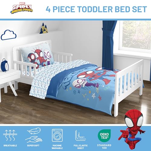 Image of Marvel Spidey and Friends Toddler Size Comforter Set 4 Piece Bedding, Blue | Ghost-Spider, Kids Bed in a Bag, Comforter Sheets Pillowcase, Official Product, Soft Microfiber, Machine Washable, Kids Gift