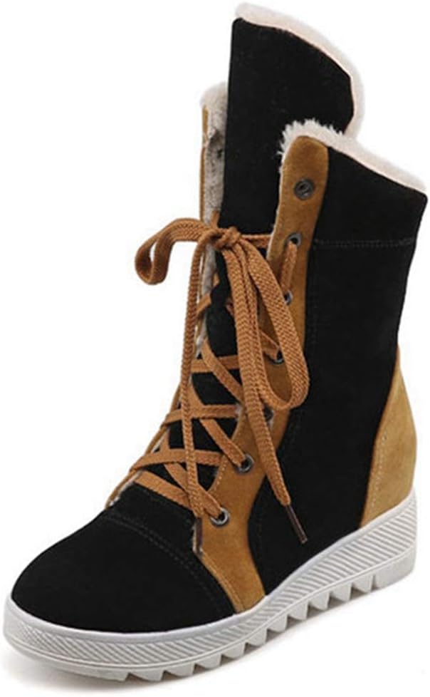 MIOKE Women's Lace Up Winter Fur Snow Ankle Boots Suede Hidden Mid Heel Wide Warm Cotton Snow Short Booties