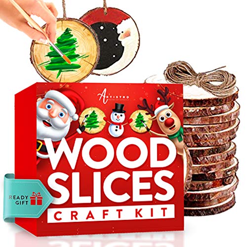 Wood Slices Kit, 24 Natural Unfinished Round Wooden Discs, 14 Artistro Acrylic Marker Pens, Black Paint, Craft Supplies For Kids & Adults - Art Kit For Christmas Ornaments & Diy, Tree Coaster Circles #TOP27