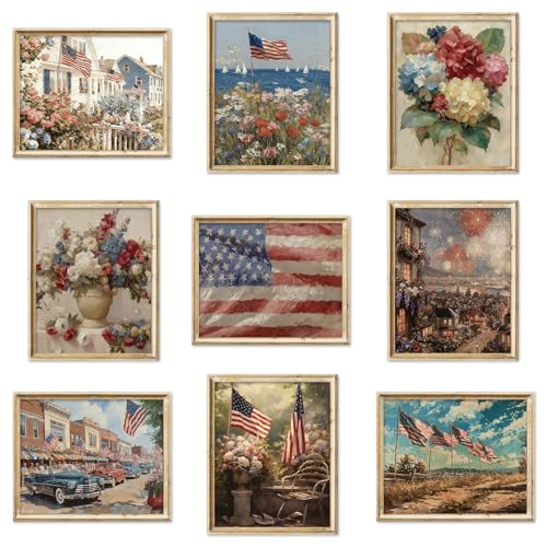Whaline 9 Pcs Patriotic Wall Art Prints Paper Posters American Flag Floral Oil Painting Pictures for 250th Anniversary 4th of July Independence Day Home Office Gallery Party Decor, Unframed