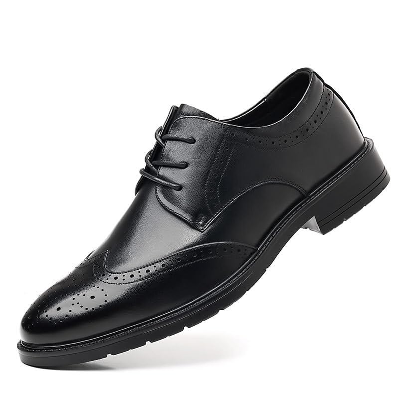 Mens Oxford Mens Breathable Leather Wingtip Brogue Oxfords Lace Up Leather Pointed Toe Low-Top Lug Sole Non Slip