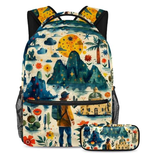Sac d'école pour garçons et filles ensemble de 2 pièces avec motif paysage de voyage
