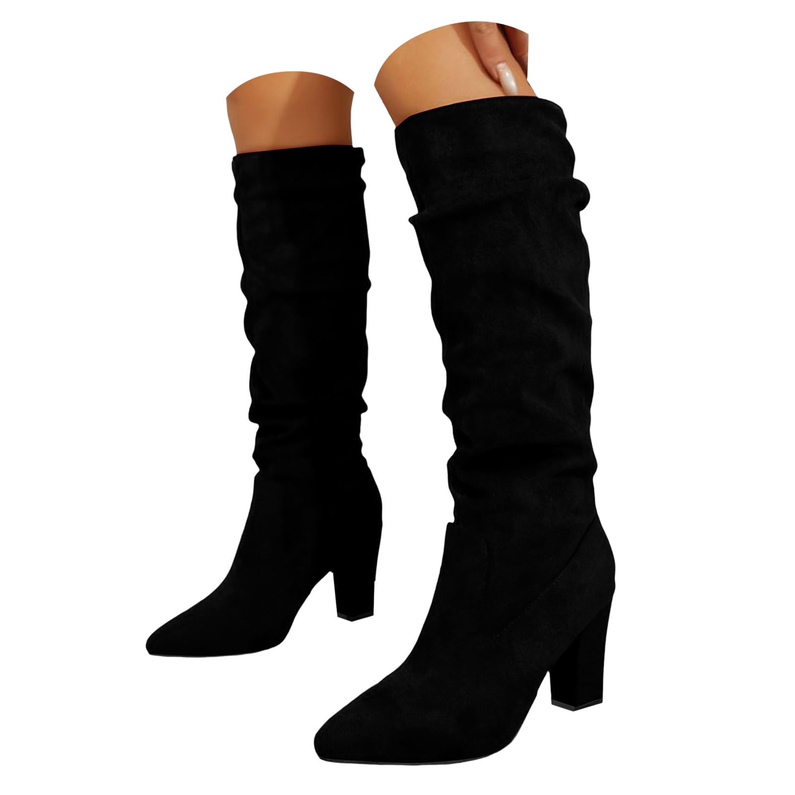 ZSpzx Women Suede Knee High Boots Slouchy Ruched Wide Calf Chunky Block High Heels Pointed Toe Solid Color