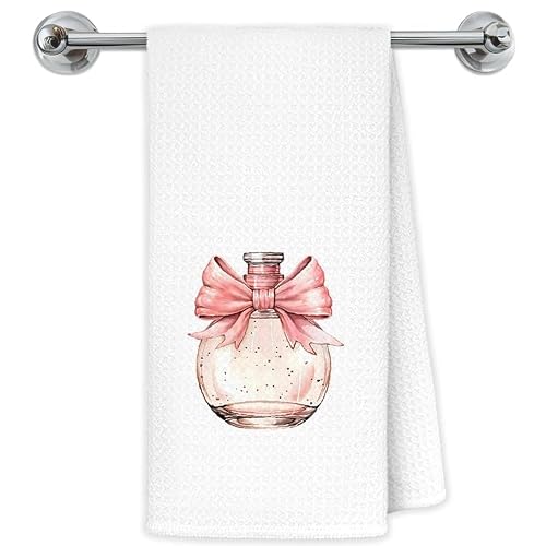 Exqcom Coquette Pink Bow Perfume Bathroom Hand Towels, Coquette Bathroom Decor, Preppy Pink Girly Aesthetic Hand Towels for for Bath Room Vanity Washroom Restroom, 16x24 Inch