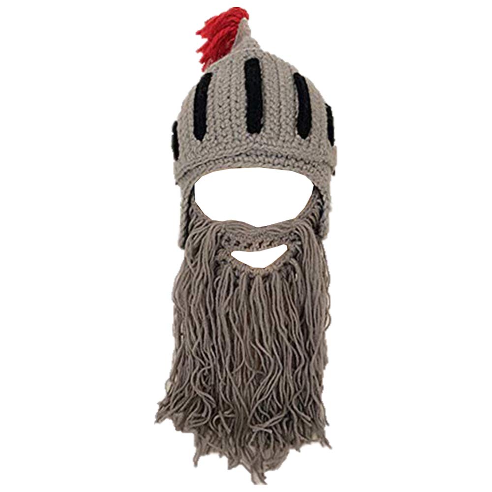 YEKEYI Funny Knight Helmet Beanie with Beard Hat Handmade Knitted Winter Thick Cap Octopus Hat Halloween Cosplay Ski Mask Gray