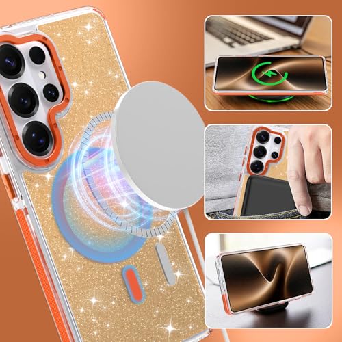 Image of Magnetic Case for Samsung Galaxy S26 Ultra [Compatible with Magsafe] [Bling Glitter Fluorescent Design] [1 Screen Protector] Slim Translucent Matte Case for Galaxy S26 Ultra 6.9 inch, Orange