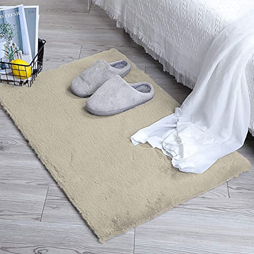 Image of Luxe Home Rabbit Fur Soild Bath Mat Super Soft, Anti-Slip, Washable, Rectangle, for Bathroom Door Mate, Bedroom Door Mats (Beige, 45x75 cm)