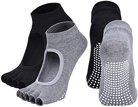 Vanktion 2 Pairs Toeless Yoga Socks Non-Slip Grips for Pilates Ballet Dance Barefoot Workout Cotton Open Toe Women Sports Socks (Black & Grey)