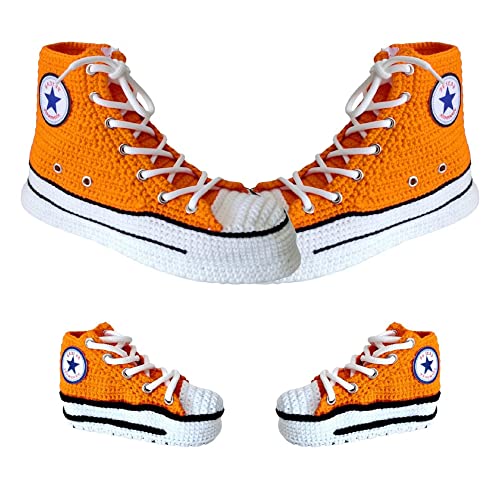 Matching Family Slippers, Handcrafted Cotton Wool Booties Mom, Dad, Baby Sneakers Plush Orange Shoes4