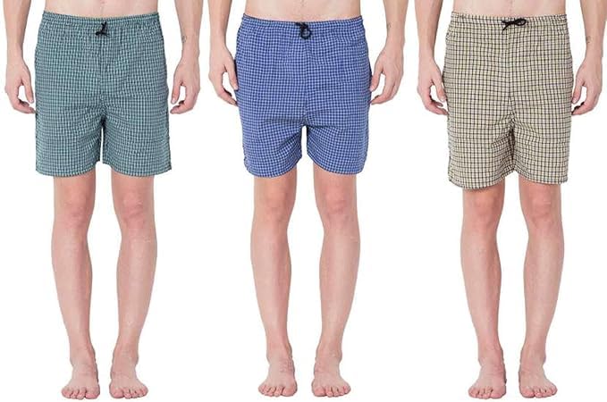 Men's Checkered Boxers, Pack of 3, Green, Blue & Beige, Casual Lounge Shorts with Drawstring-image-41
