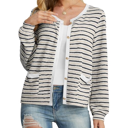 Image of Women's White Apricot Choco Casual Dressy Stirped Cardigan with Patch Pocket Sweaters Crew Neck Lady Lightweight Jacket 2024 Fall Winter Size M