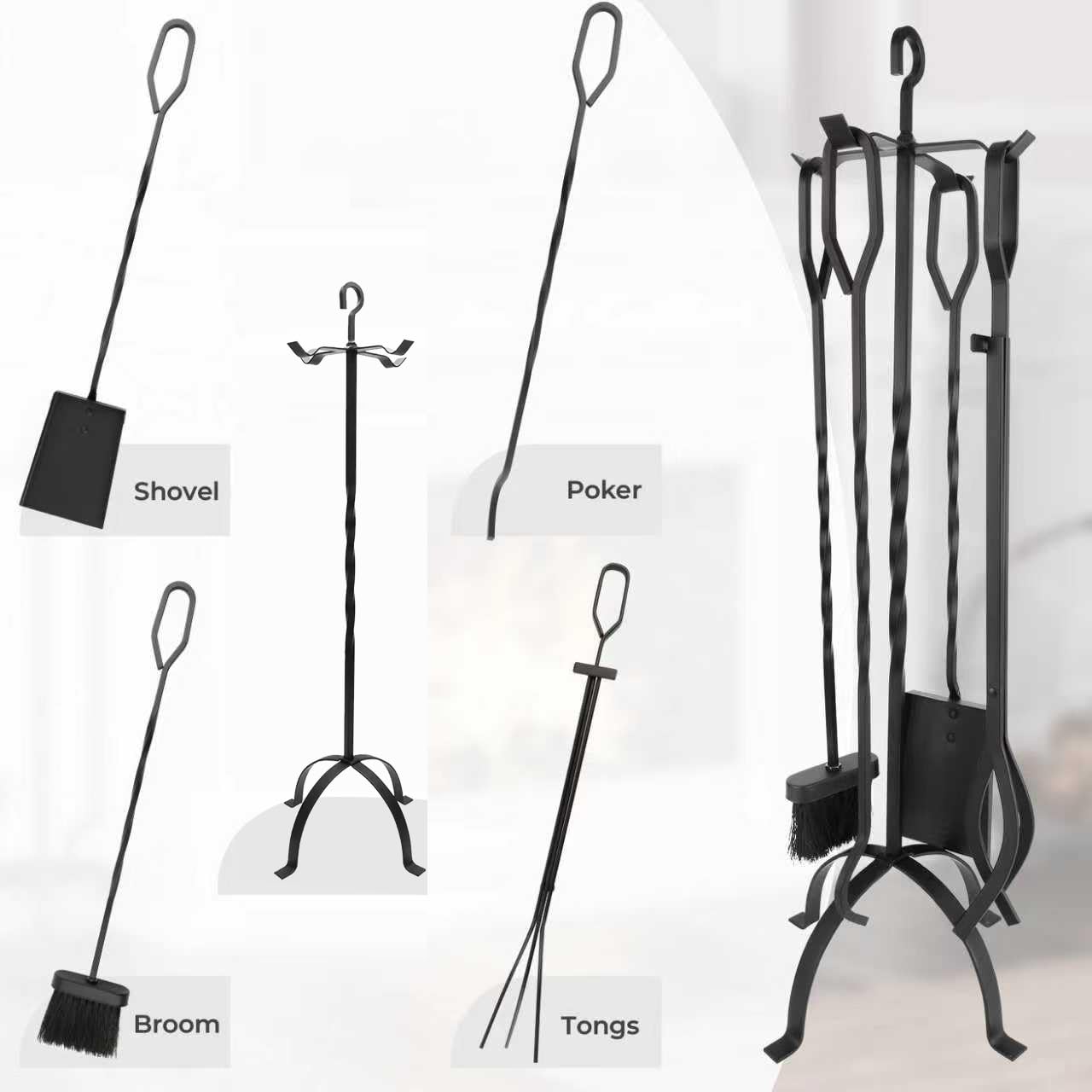 Juego de 5 herramientas para chimenea de hierro forjado para interiores con pinzas de póquer, escoba, soporte para pala, herramientas de fuego (negro)