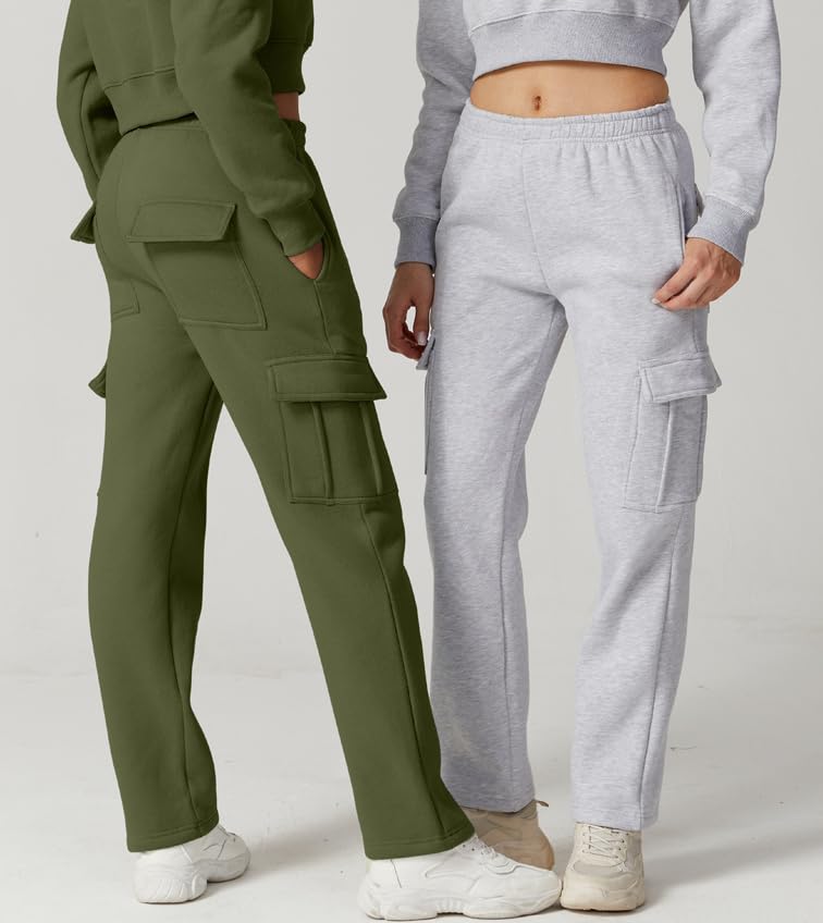 Image of QINSEN Baggy Medium Waist Elastic Sweatpants for Womens Casual Long Fleece Cargo Pants with Pockets