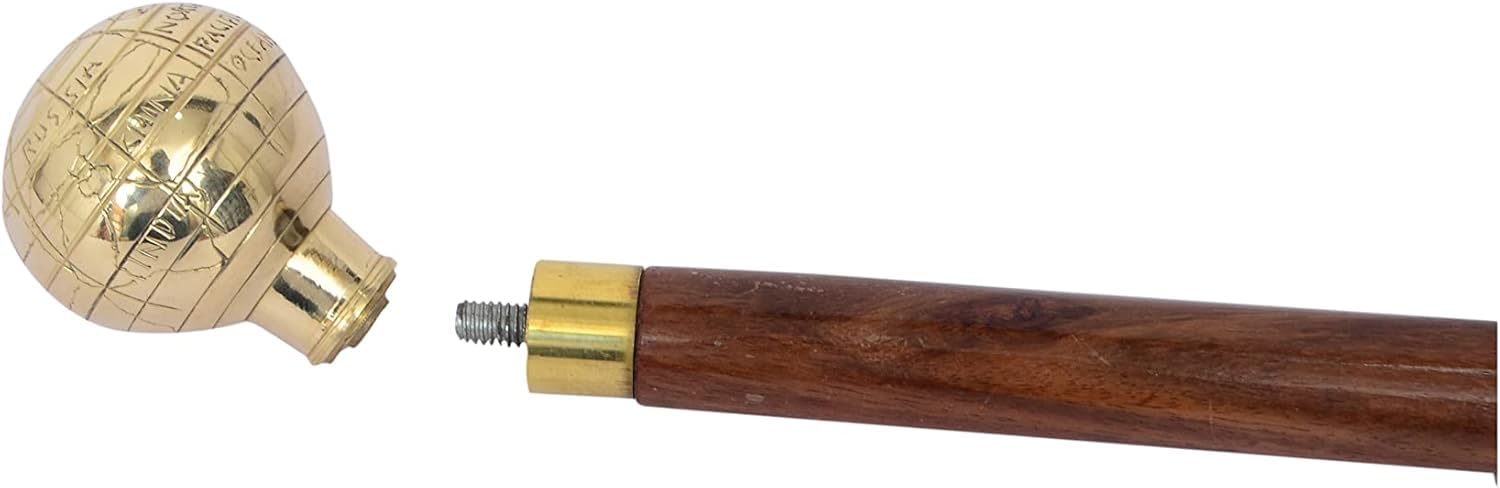 Bastone da passeggio in legno vittoriano con manico in ottone e testa a globo