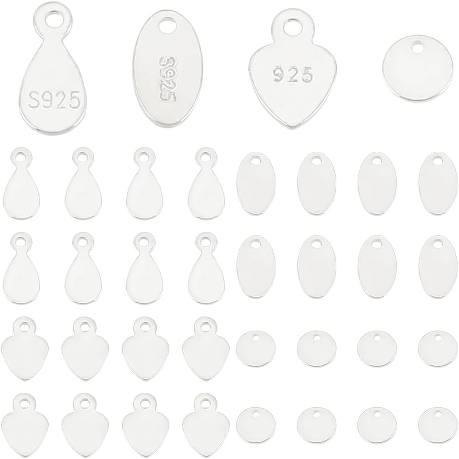 UNICRAFTALE 32Pcs 4 Styles 925 Sterling Silver Charms Flat Round Oval Heart Blanks Charms Stamping Tags Blank Pendants With Polishing Cloth Mini Discs Pendants for Bracelet Necklace Jewelry Making