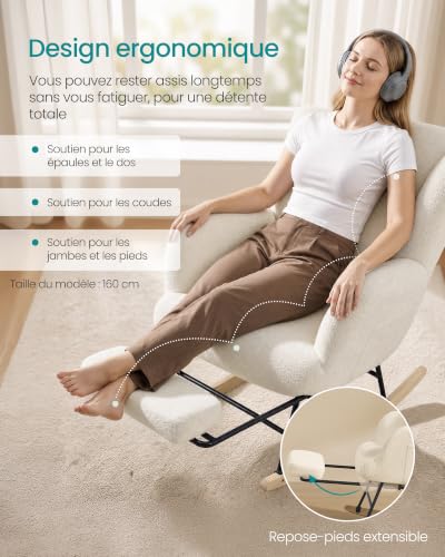 SONGMICS Fauteuil à Bascule, Chaise à Bascule avec Repose-Pieds Escamotable, Coussin Amovible, Poches Latérales, Pieds en Bois, Tissu Peluche, pour Chambre, Salon, Blanc Crème LYY018W101 – vue 5