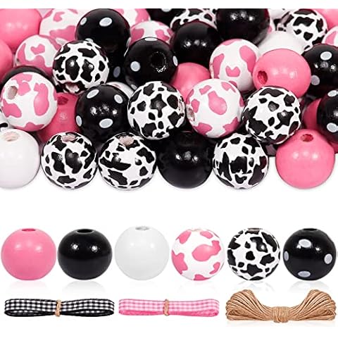 140 PCS Christmas Snowman Wooden Beads for Crafts, Christmas Beads for Craft Unfinished Round Wooden Loose Beads, Rustic Farmhouse Beads Christmas Crafts for Kids Home Classroom Decor (Cow) Cover