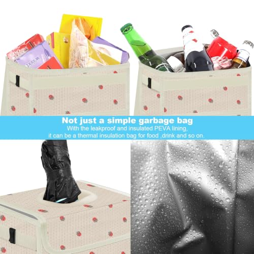 Image of Femuar Leak Proof Car Trash Can with Lid, Collapsible Hanging Waterproof Car Trash Bag with Mesh Pocket for SUV Front Seat Headrest, Large /Beige Strawberry