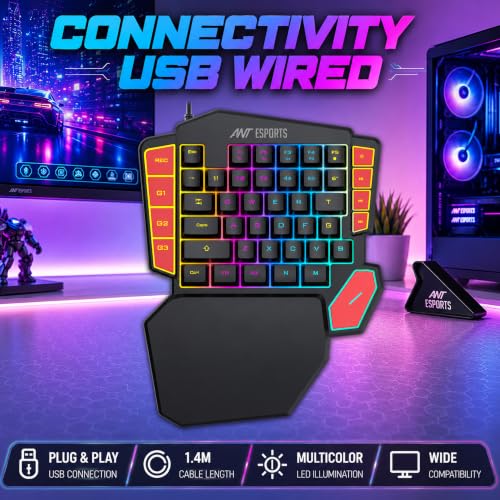Image of Ant Esports MK1005 One Hand Gaming Keyboard - 45 RGB Backlit Keys, 3 Macro Keys (G1-G3) + REC Key, WASD /Arrow Key Swap, Ergonomic Wrist Rest, USB Type-C OTG Adapter for PC, Laptop & Mobile Gaming