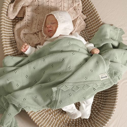 Image of mimixiong Cotton Baby Blanket Knitted Crochet Receiving Crib | Nursery Swaddling Blankets for Newborn Baby Boy Girl Sage Green 30x40 Inch